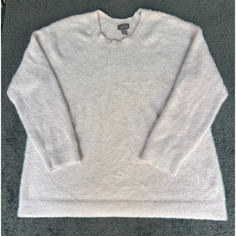 Chico's Sweatshirt Women Size 3 Pink Nylon Fleece Crew Neck Long Sleeve Pullover